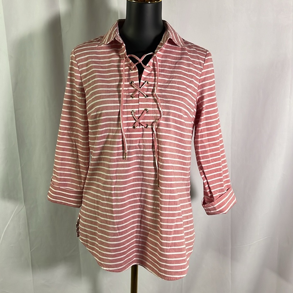Anne Klein Red & White Striped Lace Up 3/4 Sleeve Tunic Style Blouse